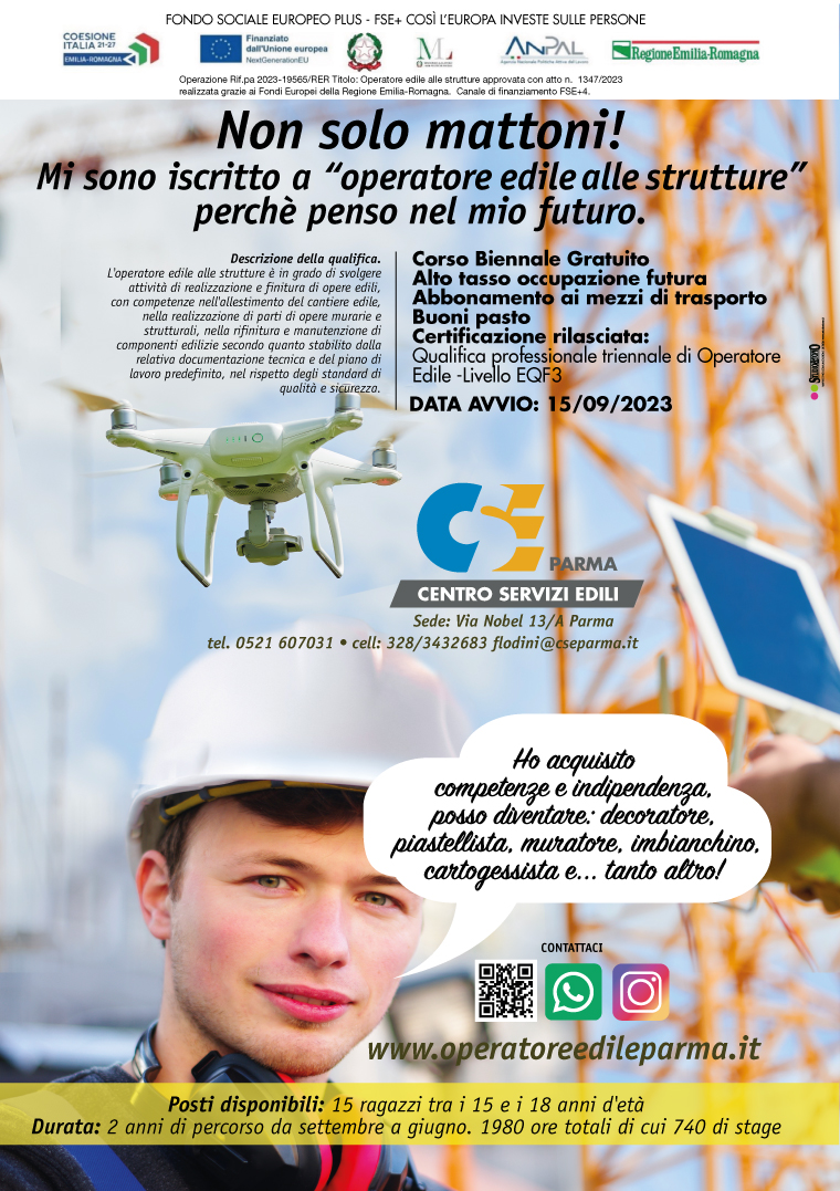 Locandina corso finanziato, gratuito Operatore edile alle strutture presso CSE Parma